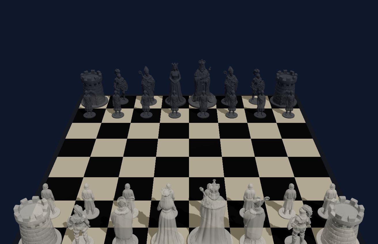 A finished Little Gambit chess set: sculpted medieval-court pieces arranged on the board